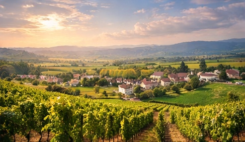 French vineyard at sunset with rows of vines